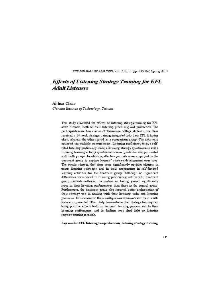Effects of Listening Strategy Training For EFL Adult Listeners | PDF ...