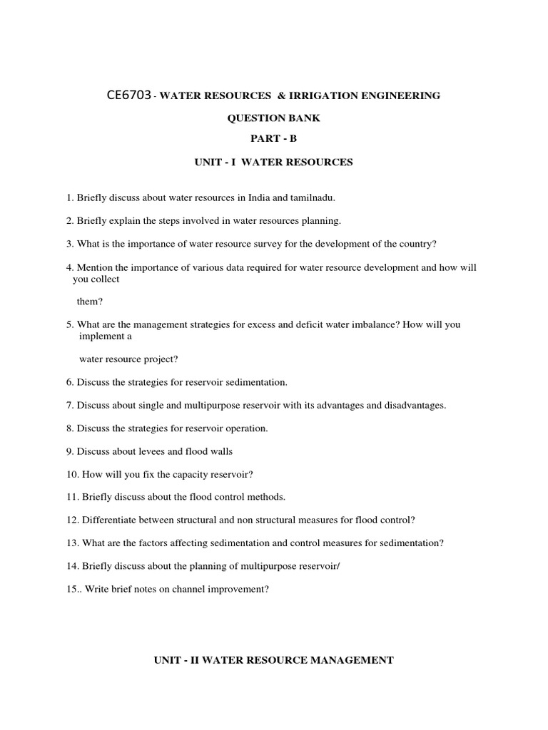 Water Resources & Irrigation Engineering Question Bank Part B Unit