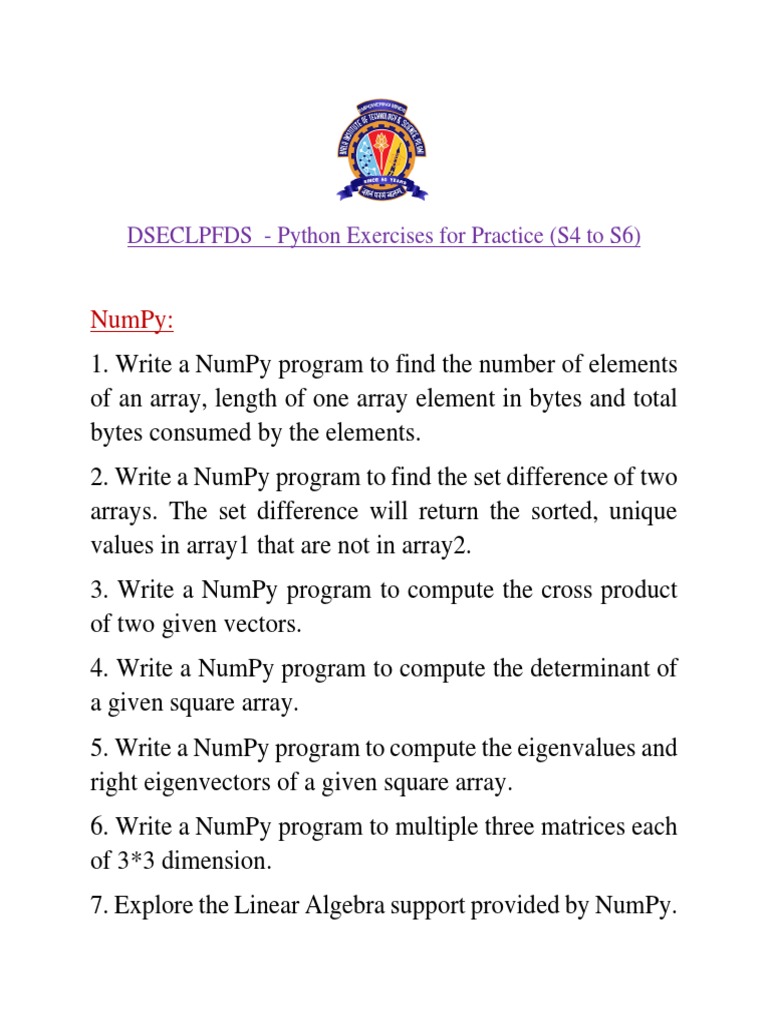 Numpy dseclpfds python exercises for practice s4 to s6 pdf