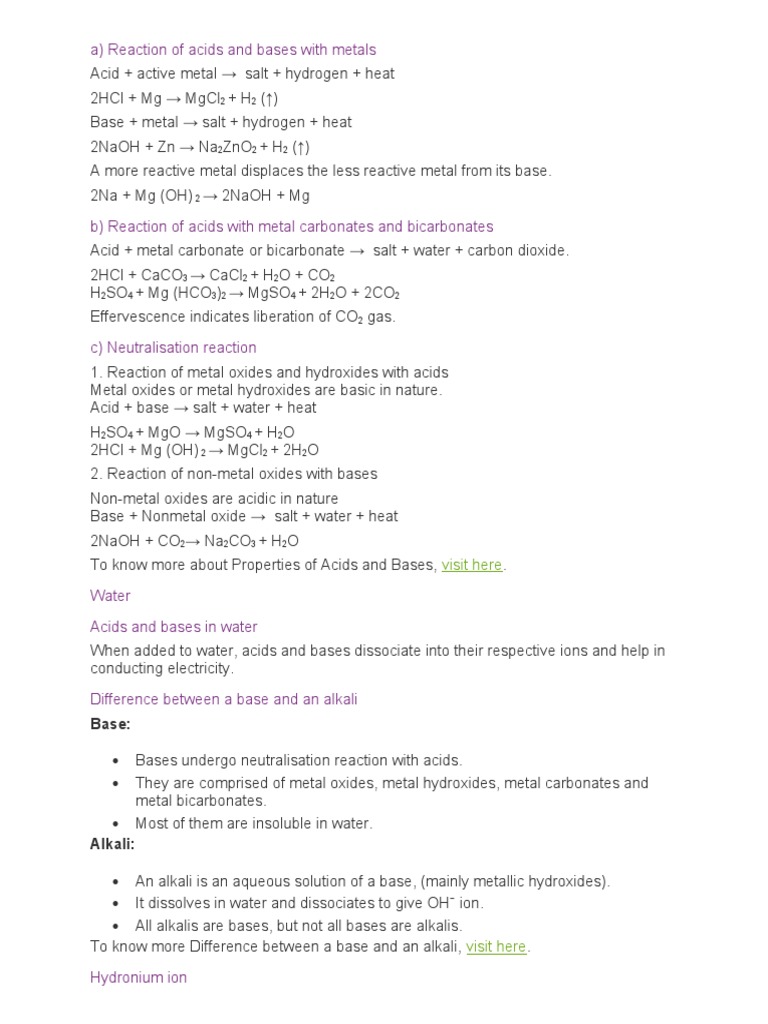 A) Reaction of Acids and Bases With Metals Base PDF Salt