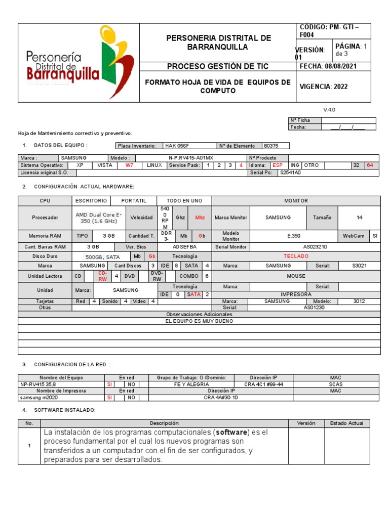 Formato Hoja de Vida Equipos TIC Barranquilla | PDF | Hardware de la ...
