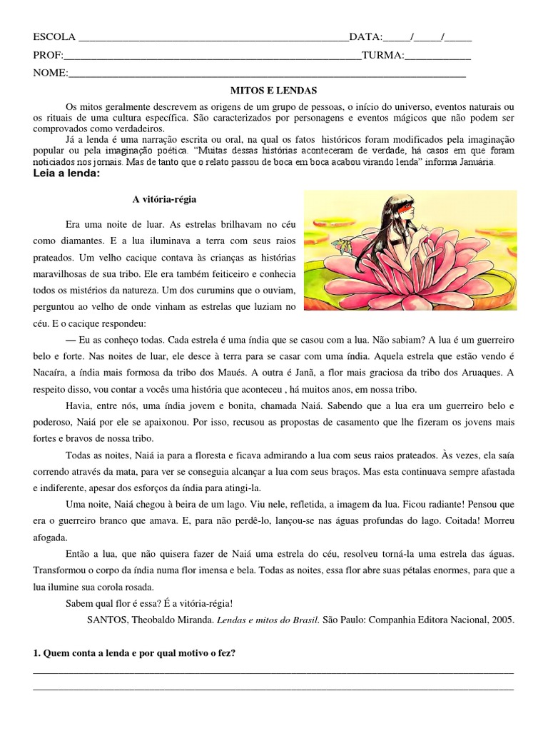 Interpretacao de Texto Lenda Vitoria Regia 7º Ano Word 3 | PDF | Lua | Céu