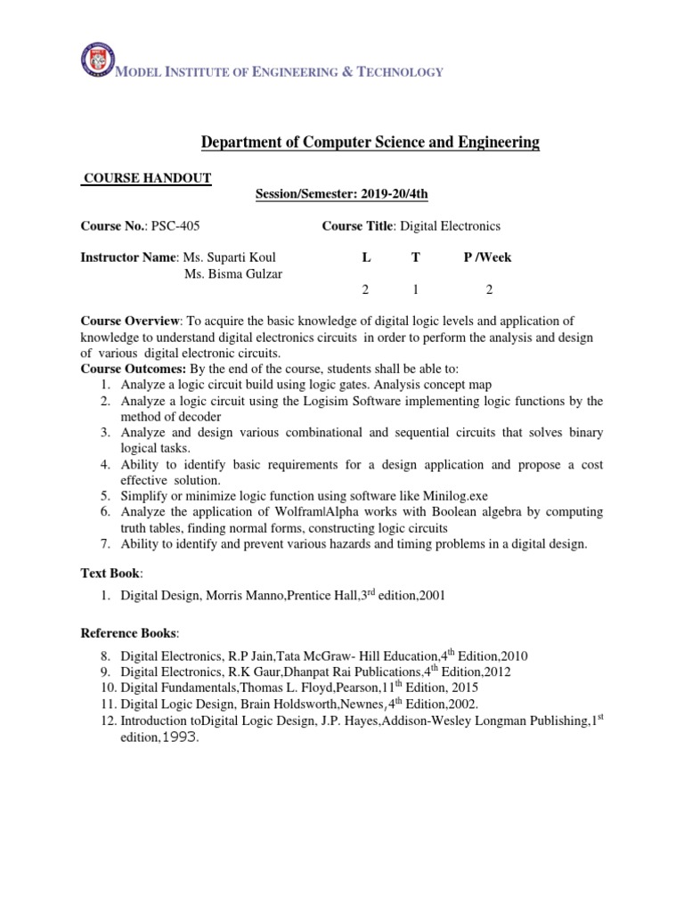 Digital Electronics Course Handout PDF Digital Electronics Logic Gate