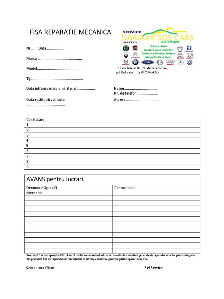 Fisa Reparatie Mecanica | PDF