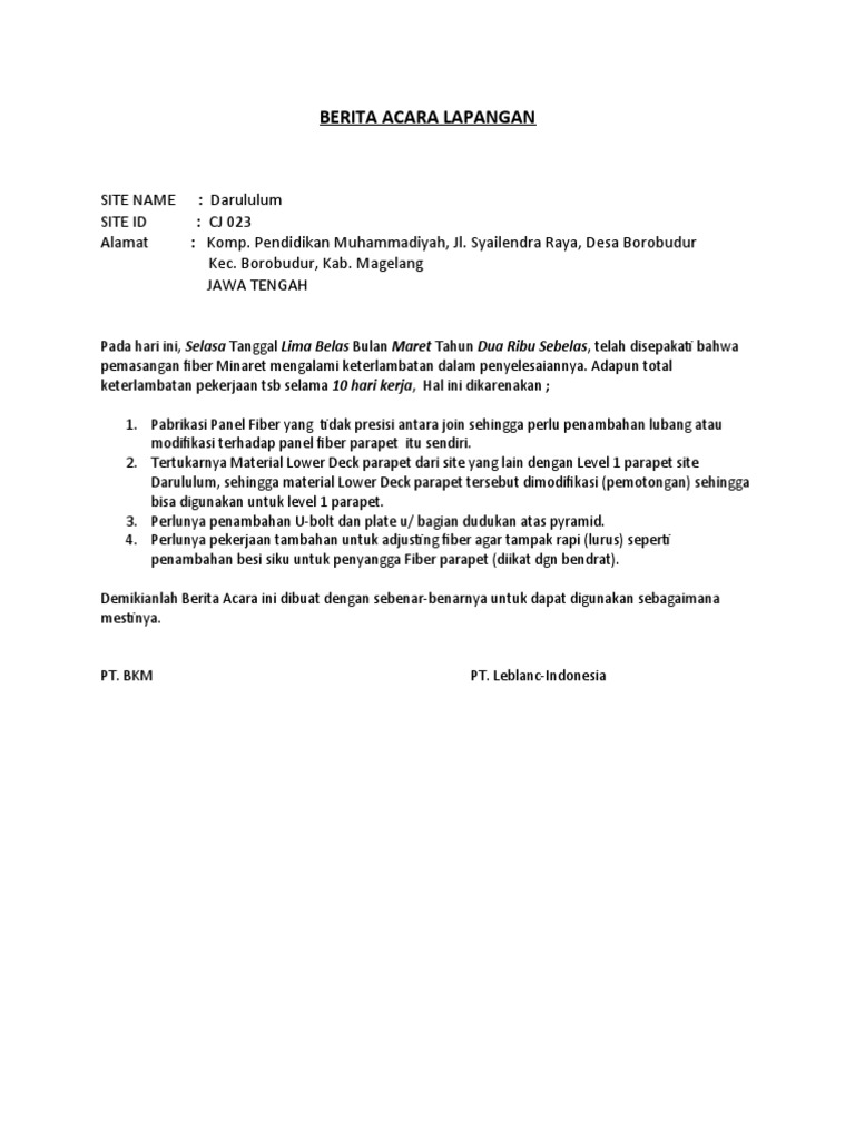 Contoh Surat Berita Acara Serah Terima Lapangan Contoh Surat Terbaru