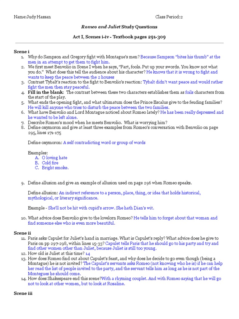 Romeo and Juliet Study Questions Guide | PDF | Characters In Romeo And ...