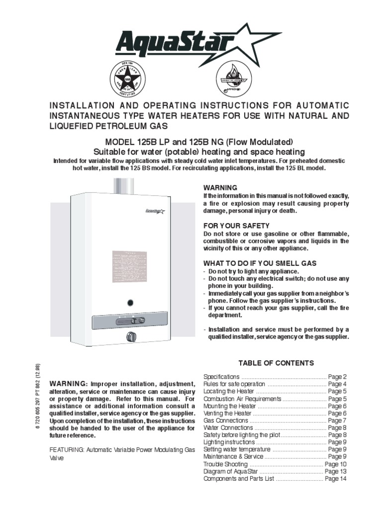 Bosch Aquastar 125b LP PDF Water Heating Pipe (Fluid Conveyance)