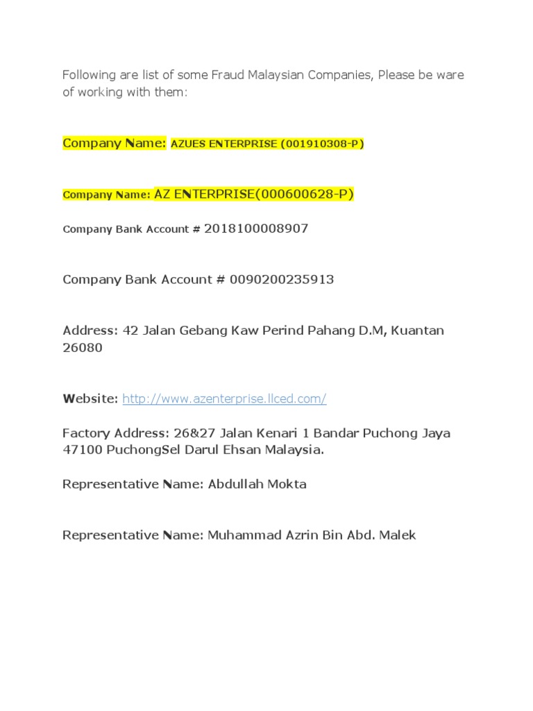 Following Are List Of Some Fraud Malaysian Companies