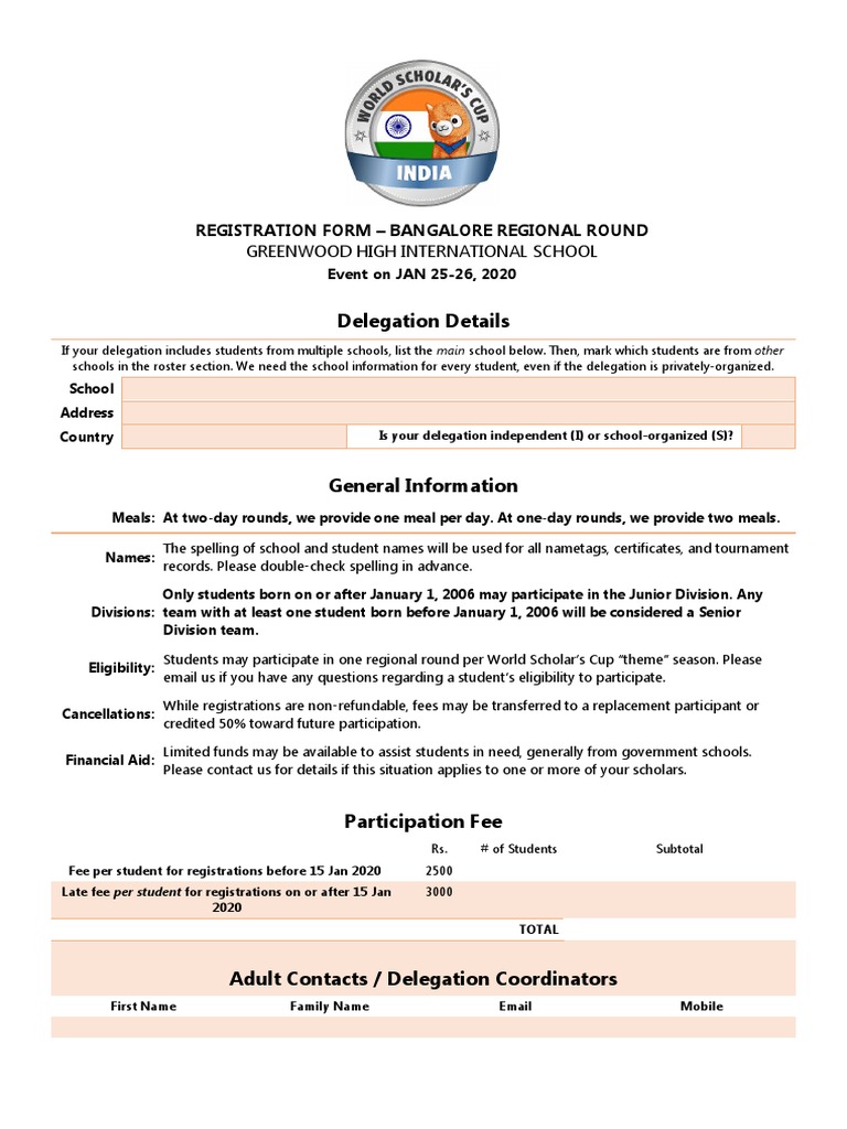 WSC Bangalore Round Registration Form 2020 | PDF