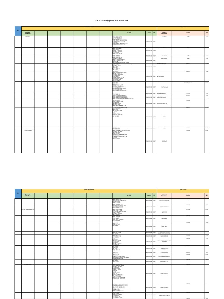 List of Vessel Equipment To Be Handed Over Engine Machineries Bridge