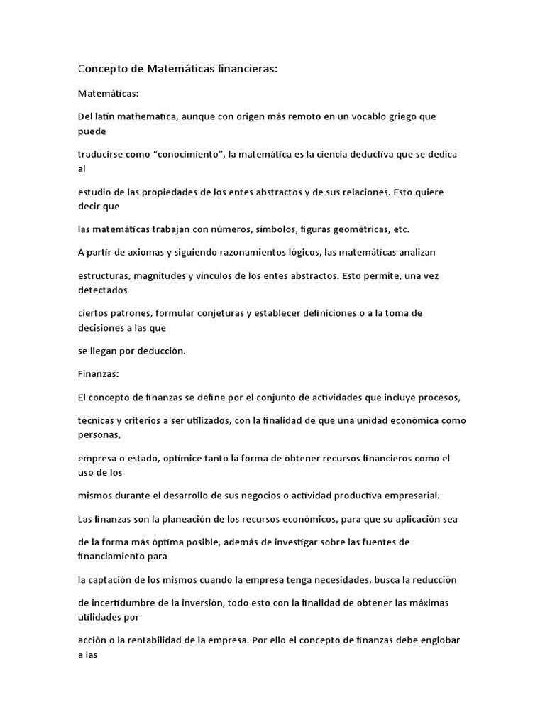 Concepto de Matemáticas Financieras | PDF | Matemáticas | Finanzas ...