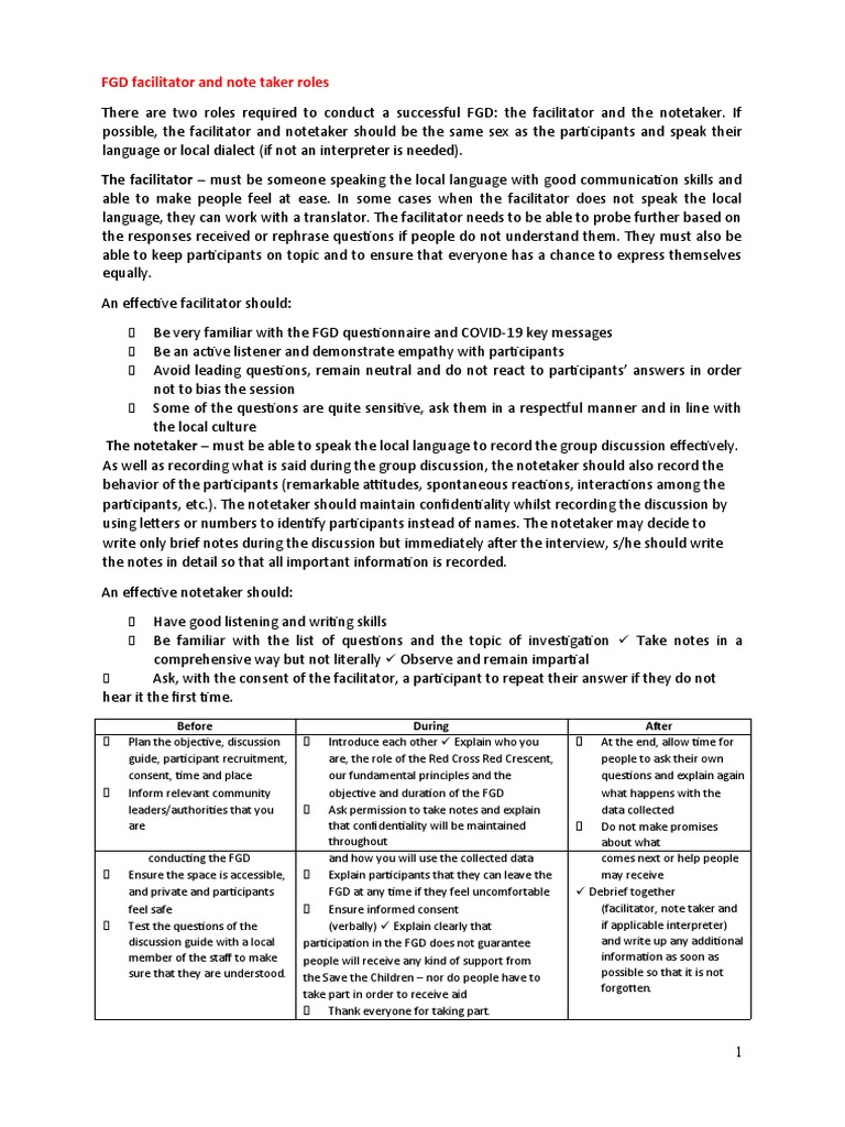 FGD Facilitator and Notetaker Guidelines | PDF | Focus Group | Consent