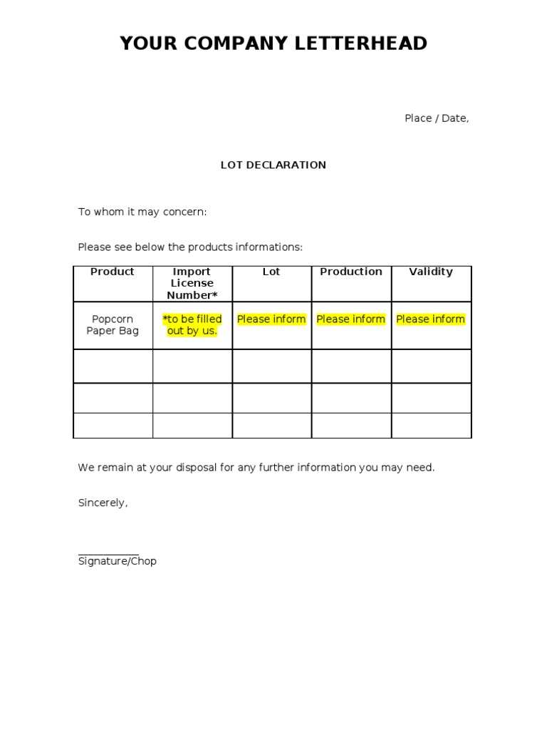 Lot Declaration | PDF