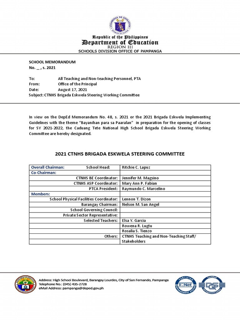 CTNHS Brigada Eskwela Committee Structure | PDF | Volunteering | Policy