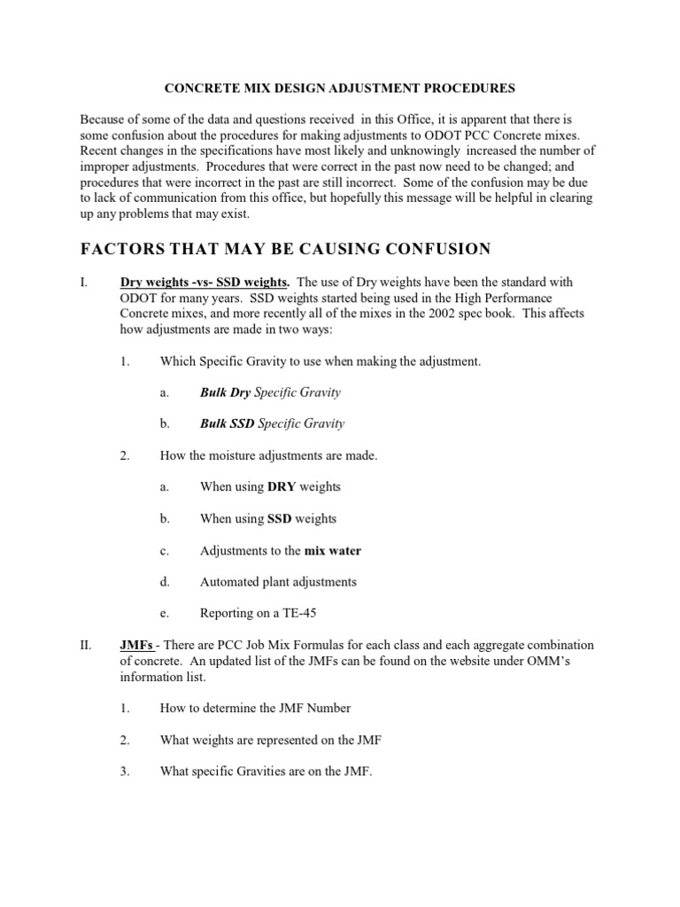 Concrete Mix Design Moisture Adjustment Procedures Pdf Construction