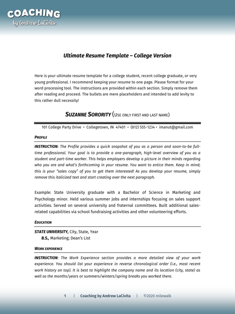 Ultimate Resume Template College Version: Uzanne Orority PDF