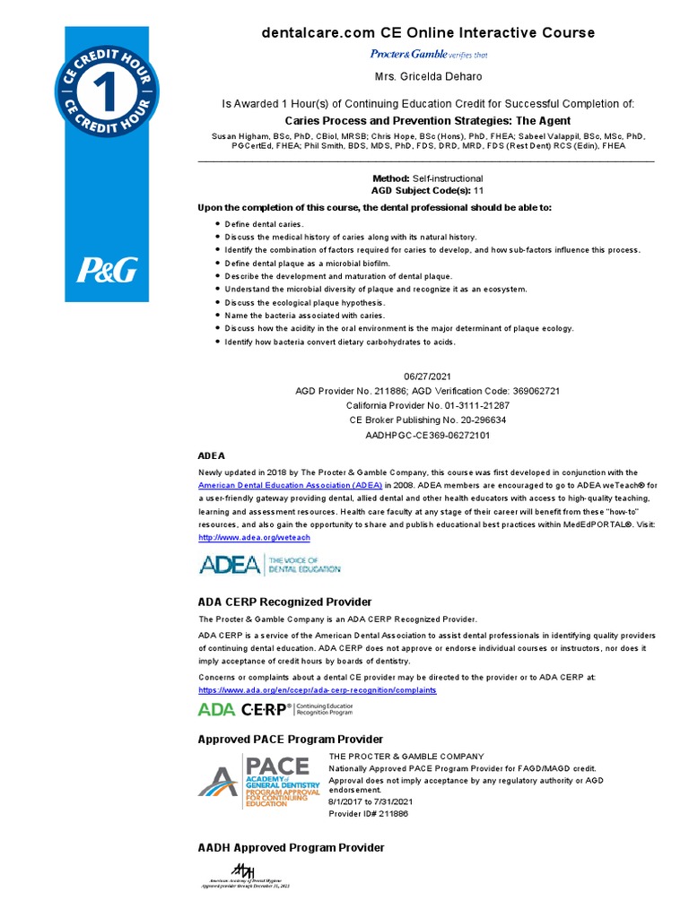 Ce 369 Caries Process and Prevention Strategies The Agent PDF