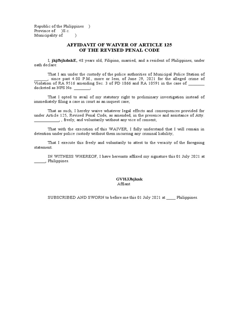 Affidavit of Waiver of Article 125 of The Revised Penal Code | PDF