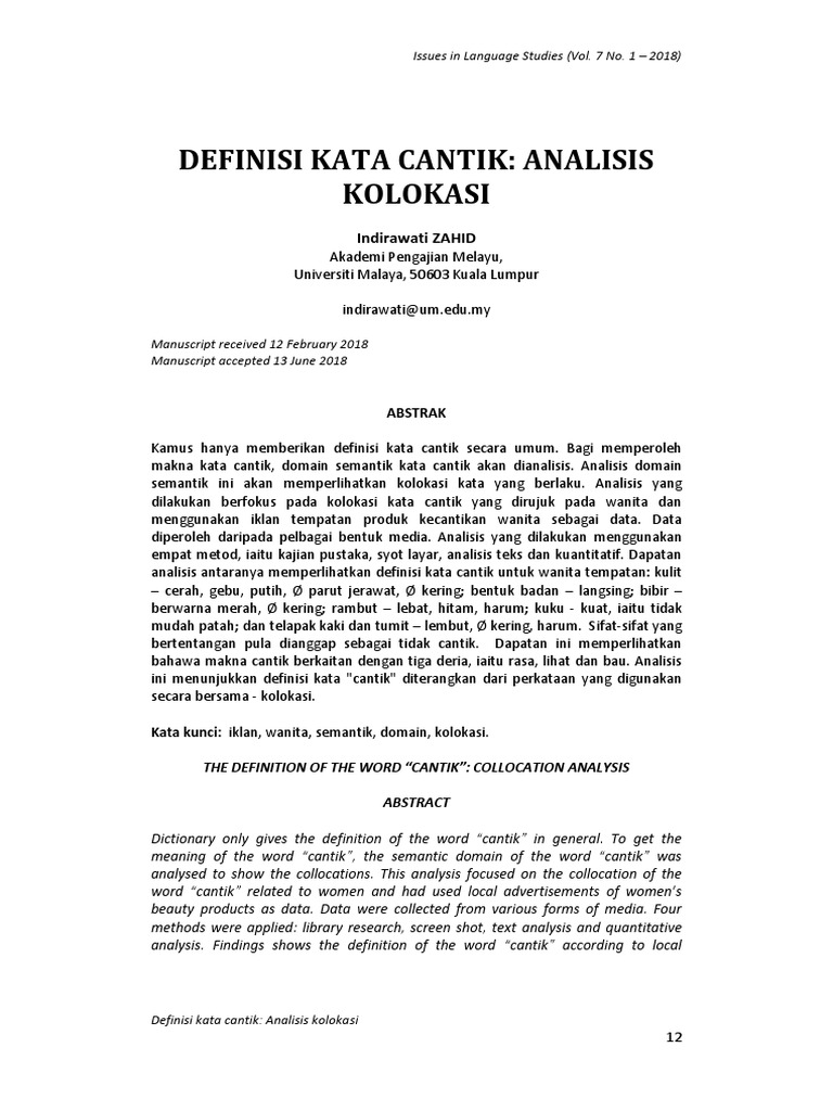 Definisi Kata Cantik Analisis Kolokasi Pdf