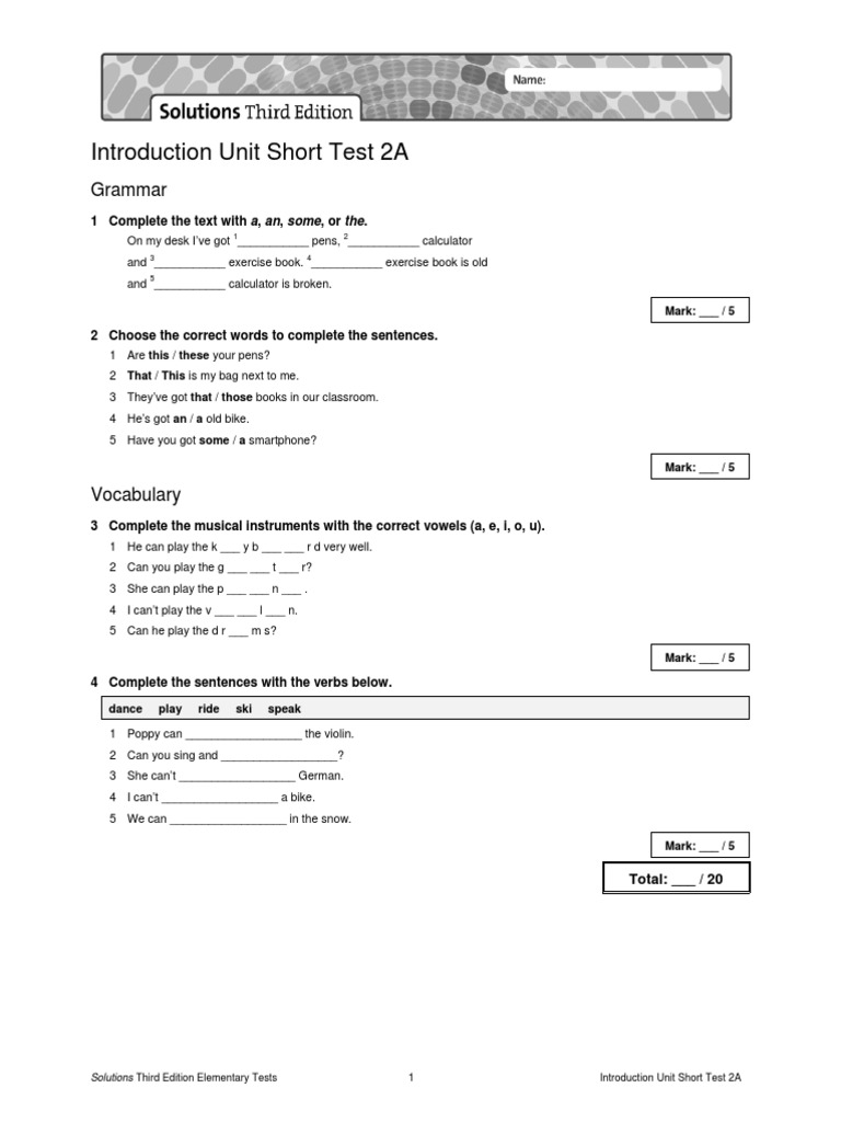 Introduction Unit Short Test 2A: Grammar | PDF