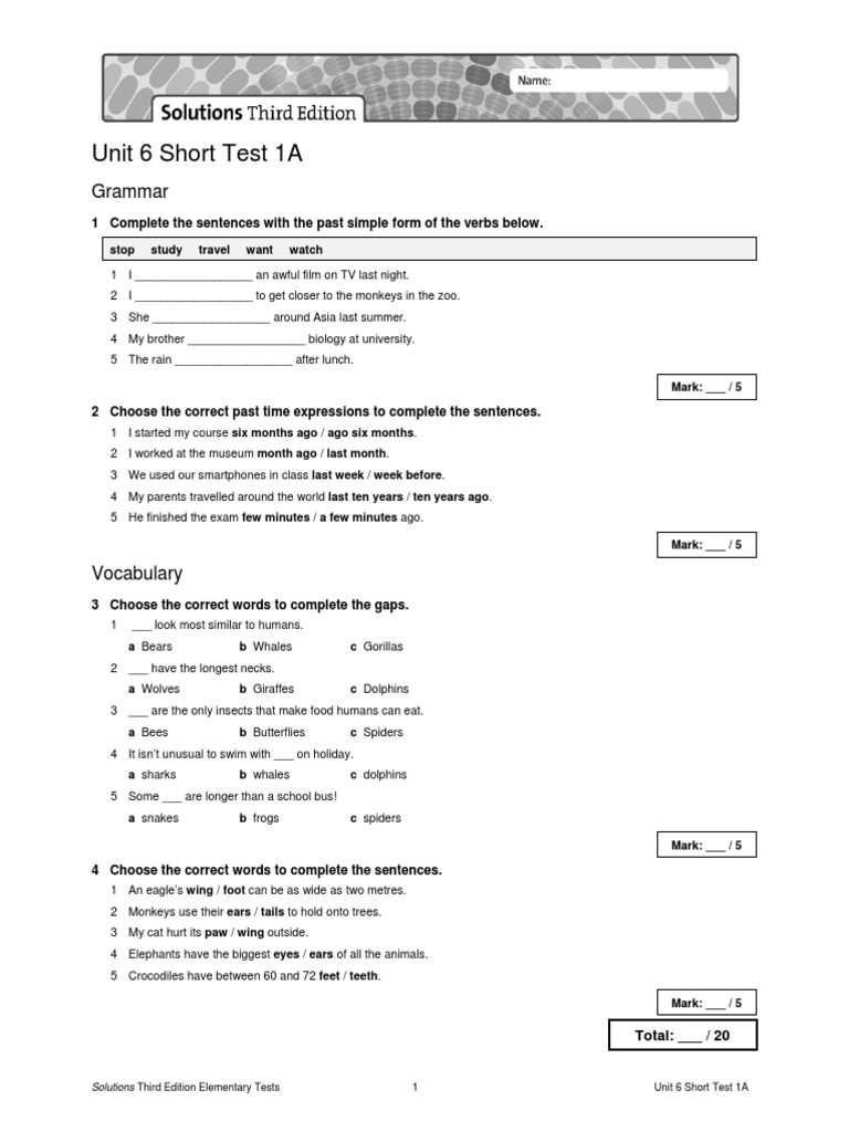 Unit 6 Short Test 1A: Grammar | PDF
