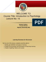 Welcome To Course Title: Introduction To Psychology Lecture No: 10