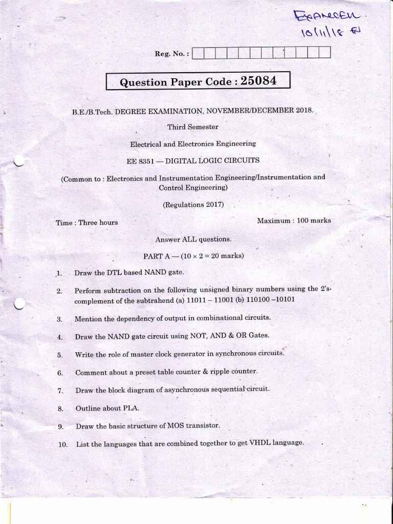 Digital Logic Circuits Exam Paper 2018 | PDF | Logic Gate | Electronic ...