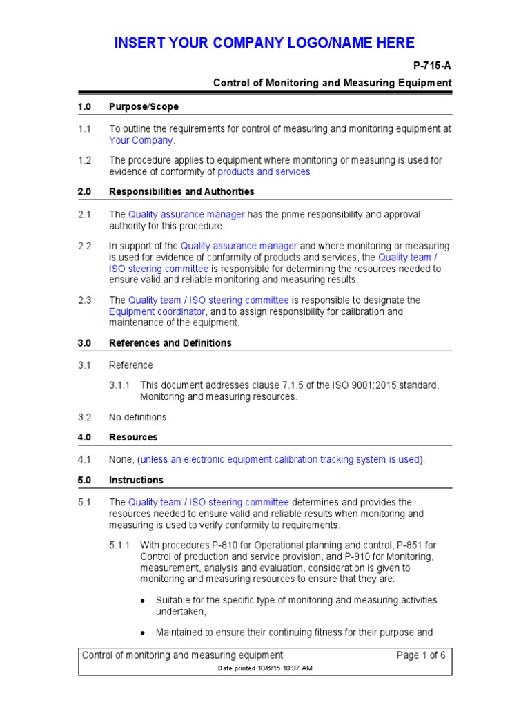 Control of Monitoring Equipment Procedures | PDF | Technology & Engineering