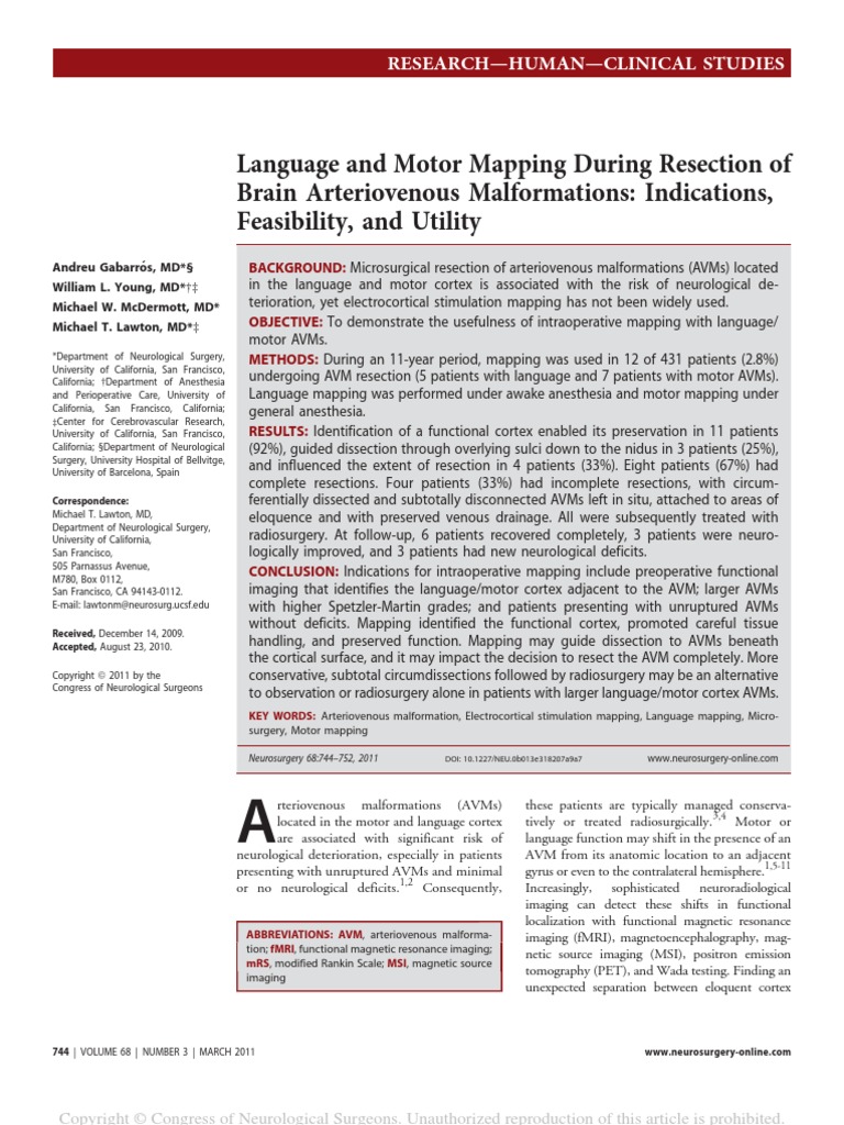 Language and Motor Mapping During Resection of Brain Arteriovenous ...