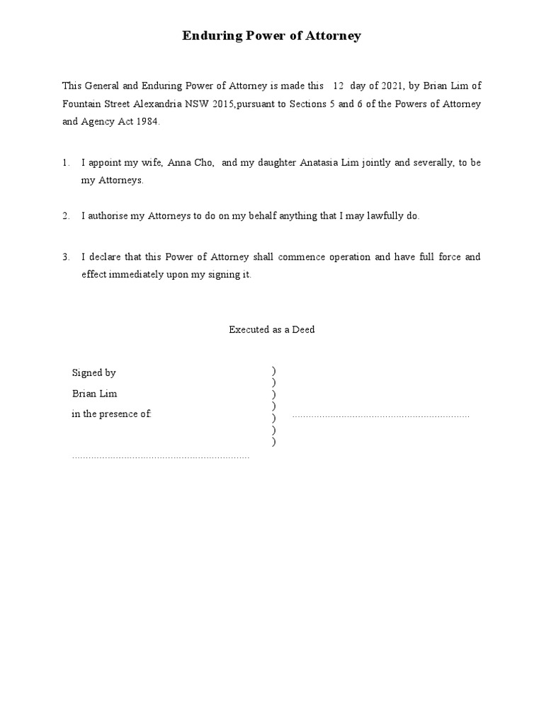 Enduring Power of Attorney Template. PDF Power Of Attorney Justice