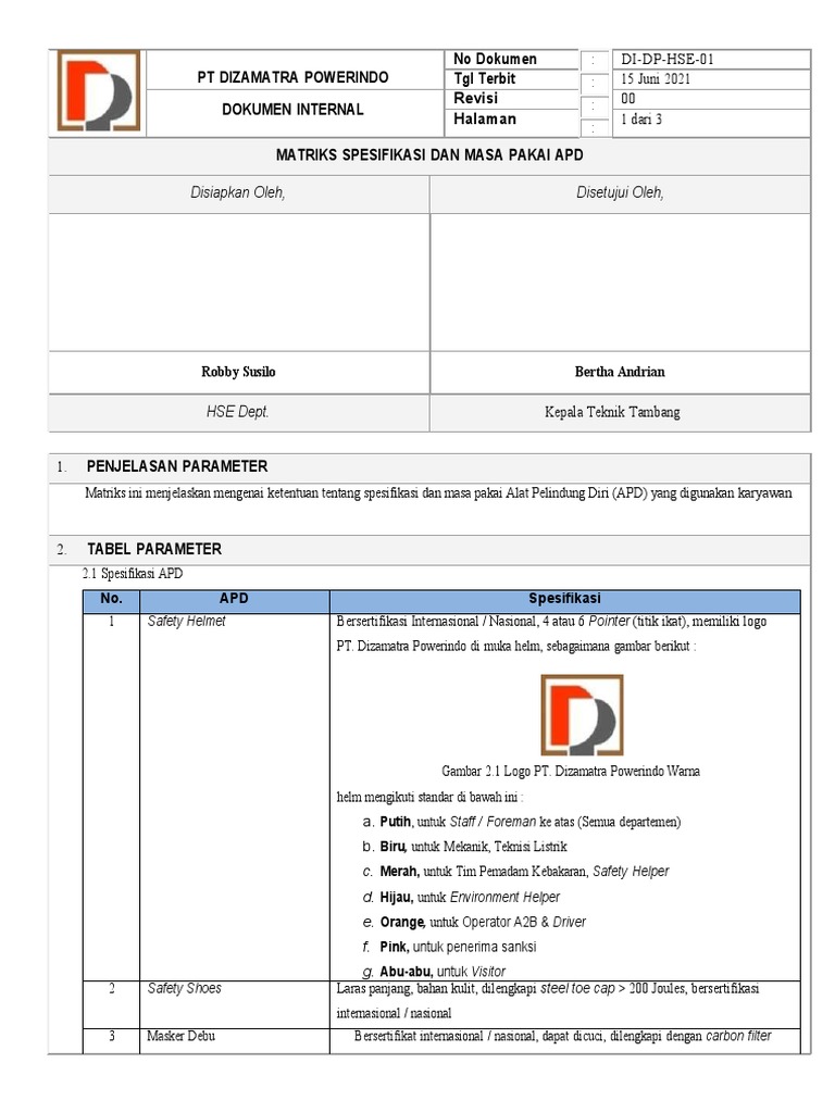 Matriks Spesifikasi dan Masa Pakai APD | PDF