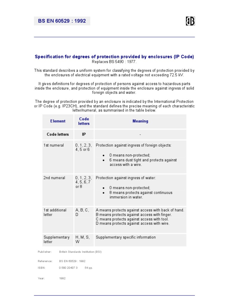 BS EN 60529:1992 IP Code Standards | PDF