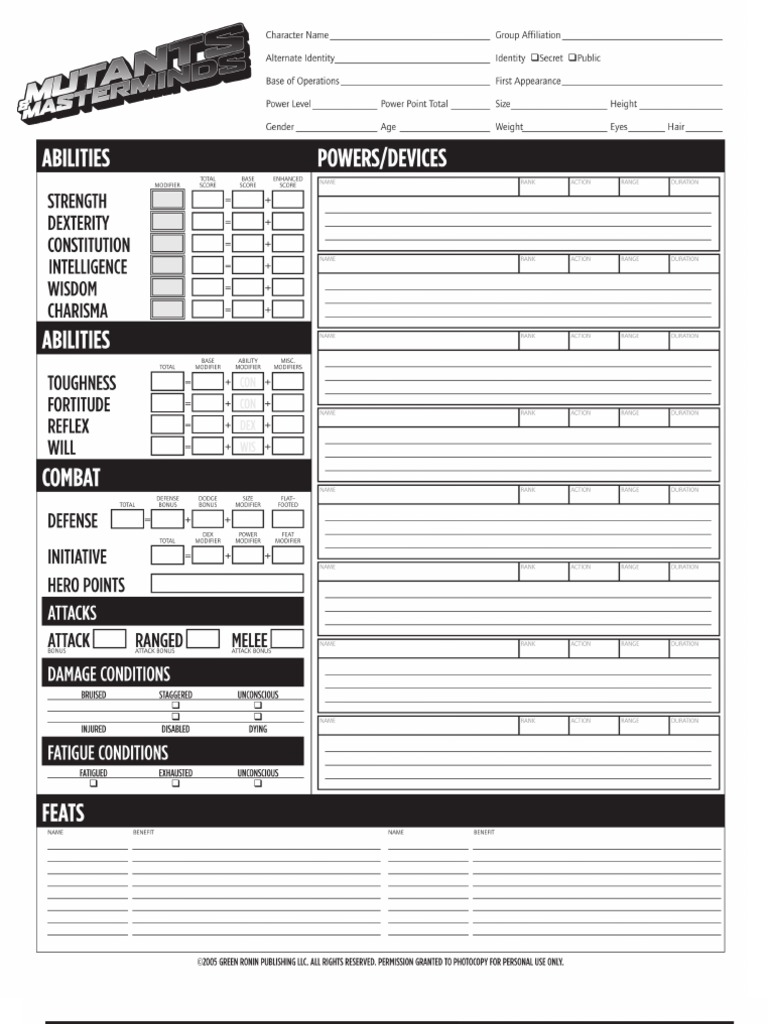 Mutants And Masterminds 2nd Edition Character Sheet Form Fillable ...