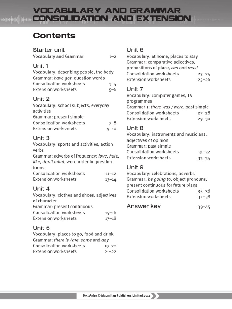 Vocabulary and Grammar Consolidation and Extension: Starter Unit Unit 1 ...