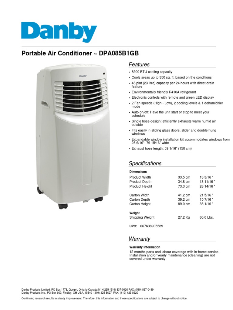 Danby Dpa085b1gb Specification Sheet PDF Manufactured Goods