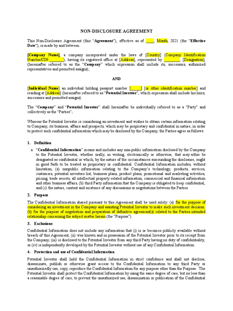 NDA Potential Investors Investee Company PDF Confidentiality