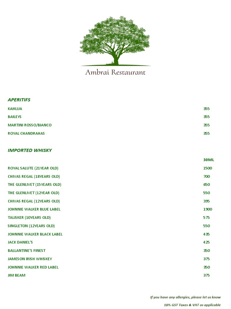 Aperitifs If You Have Any Allergies, Please Let Us Know 18 GST Taxes & VAT As Applicable PDF
