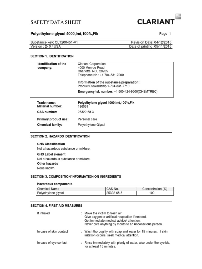 Safety Data Sheet Polyethylene Glycol 4000, Ind, 100,Flk PDF