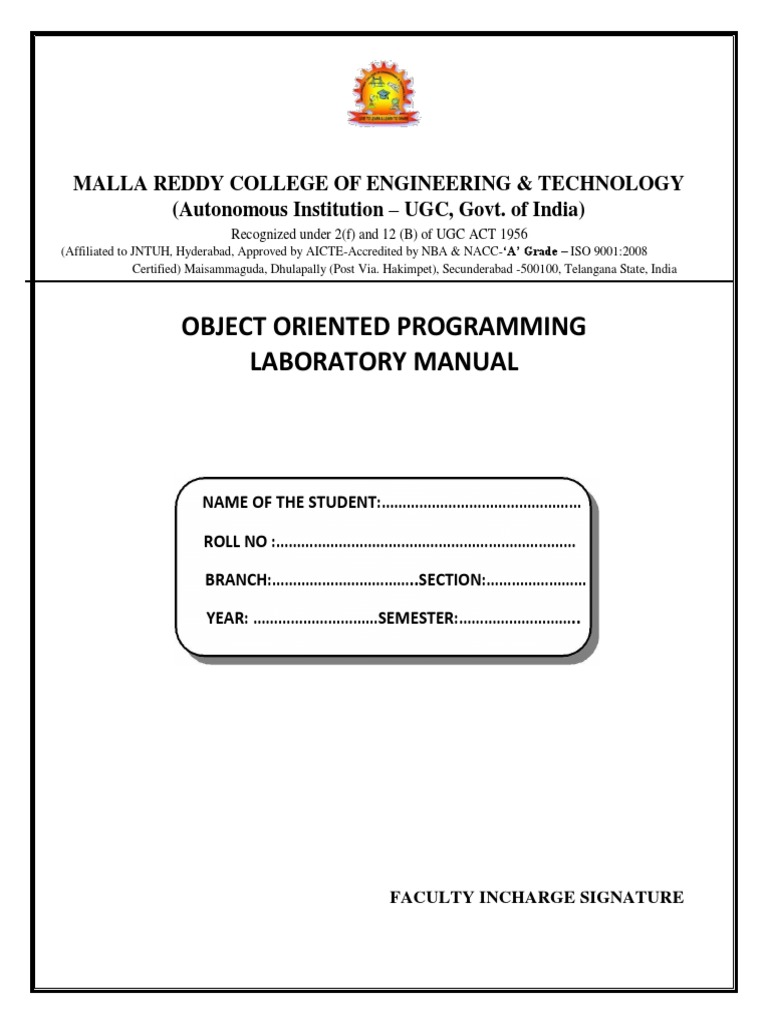 OOP Laboratory Manual for MRCET | PDF | C++ | Constructor (Object ...