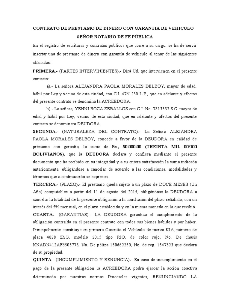 Contrato de Prestamo de Dinero Con Garantia de Vehiculo | PDF | Gobierno |  Justicia