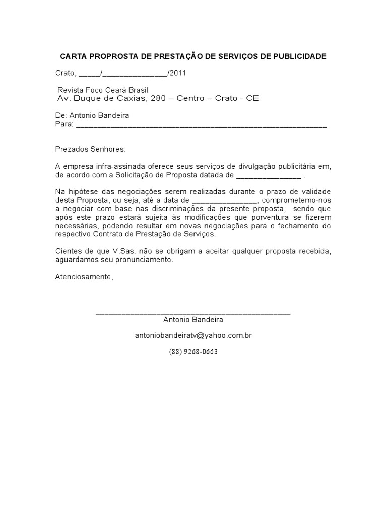 CARTA PROPROSTA DE PRESTAÇÃO DE SERVIÇOS DE PUBLICIDADE