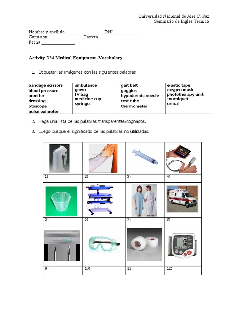 Activity N°4 Medical Equipment Vocabulary PDF