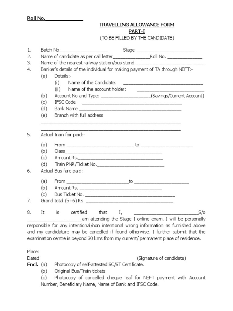 Travelling Allowance Form for Candidates | PDF | Banking | Financial ...