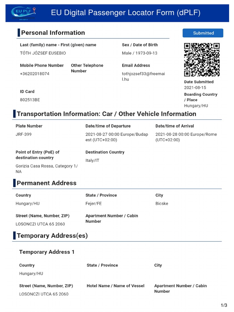 EU Digital Passenger Locator Form (DPLF) PDF