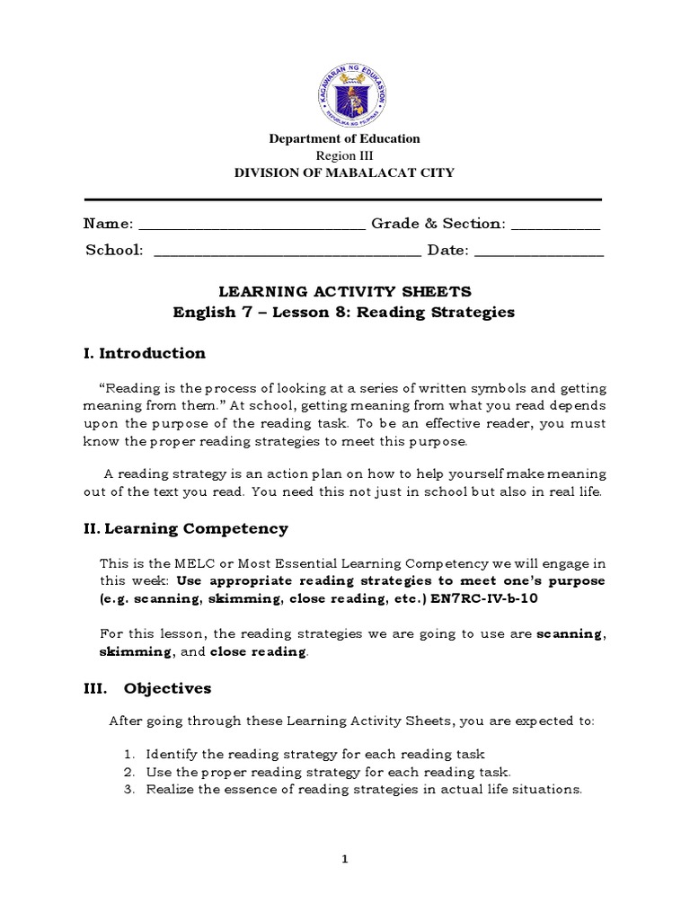 Grade 7 Reading Strategies Guide | PDF | Speed Reading