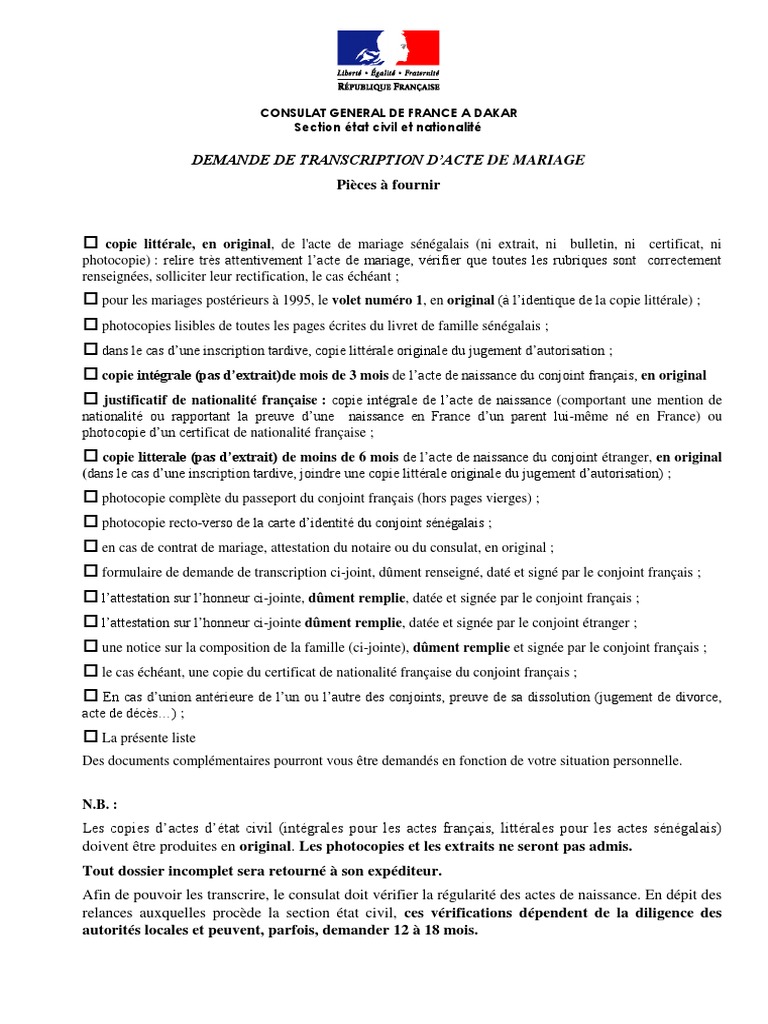 Demande de transcription mariage Sénégal | PDF | Certificat de ...