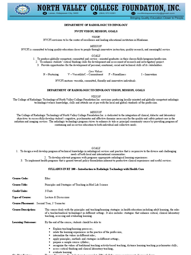 Department of Radiologic Technology Nvcfi Vision, Mission, Goals | PDF ...