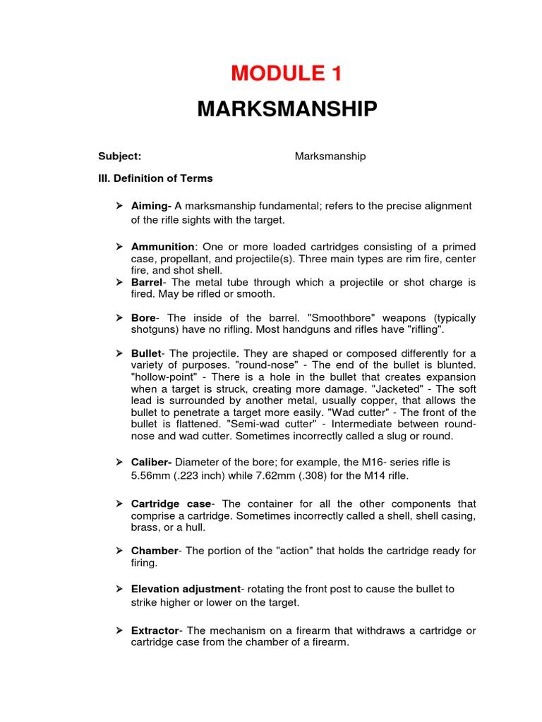 Marksmanship Subject III. Definition of Terms PDF Marksman