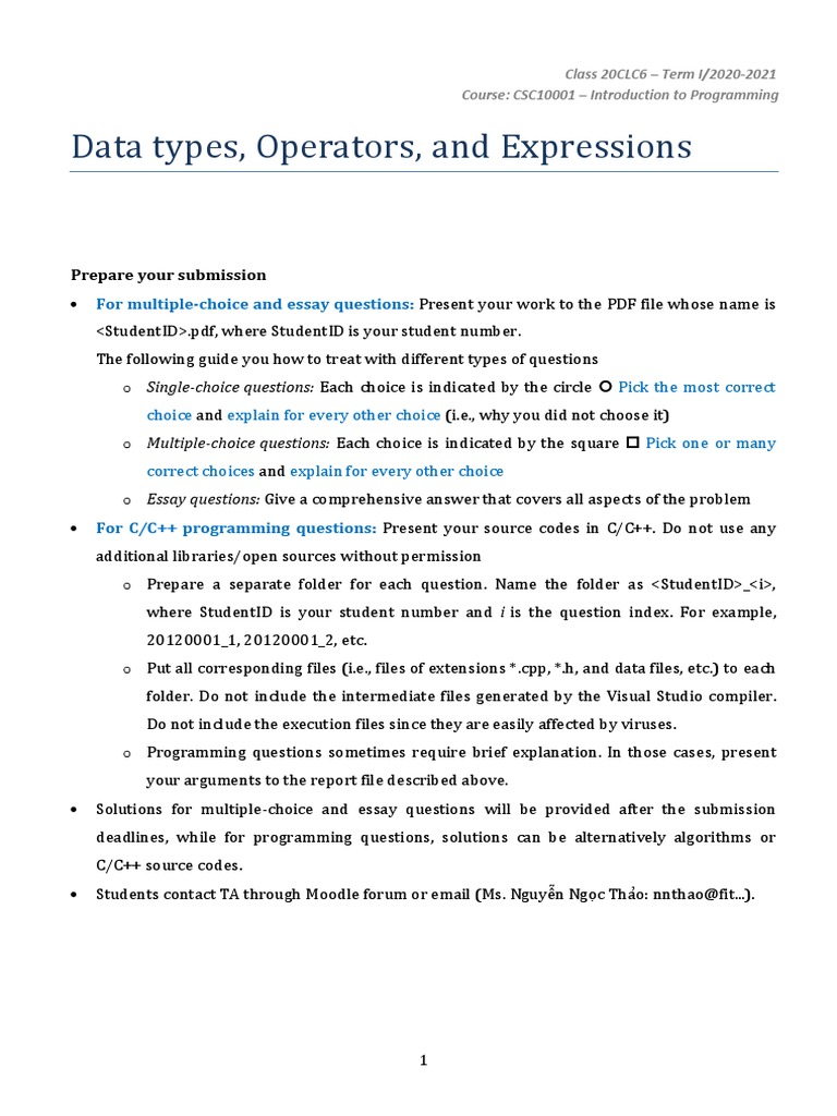 Data Types, Operators, and Expressions: For Multiple-Choice and Essay ...