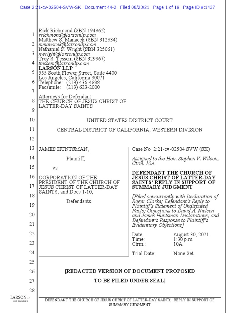 LDS Church Summary Judgment Reply | PDF | Summary Judgment | Tithe